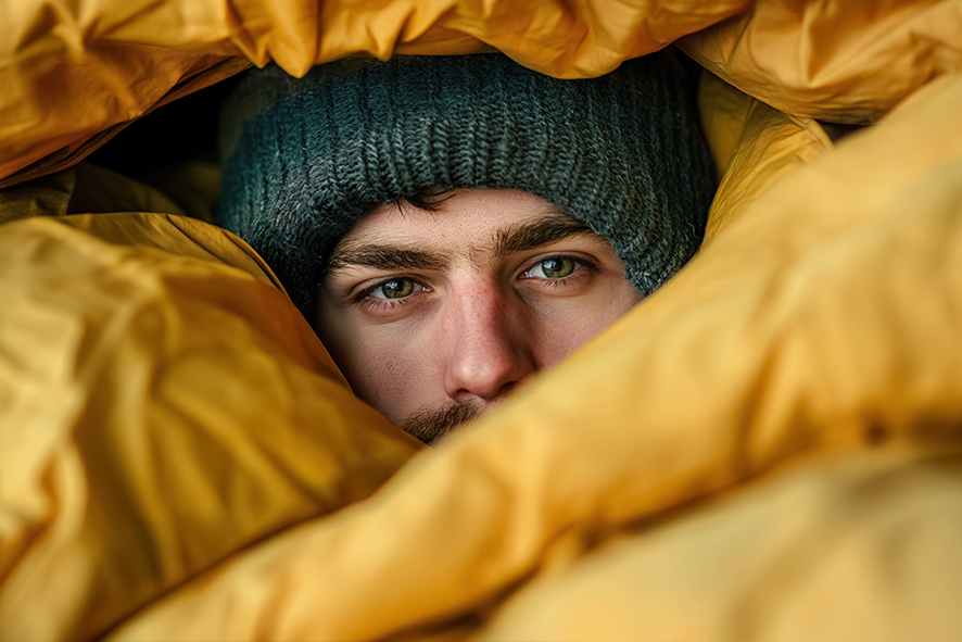 Foto eines Manns mit Mütze eingekuschelt in gelbem Schlafsack