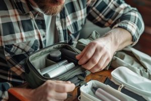 Mann packt diverse Hygieneprodukte aus