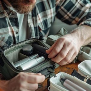 Mann packt diverse Hygieneprodukte aus