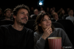 Eine Frau und ein Mann sitzen in einem Kinosaal, schauen einen Film und essen Popcorn.