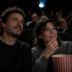 Eine Frau und ein Mann sitzen in einem Kinosaal, schauen einen Film und essen Popcorn.