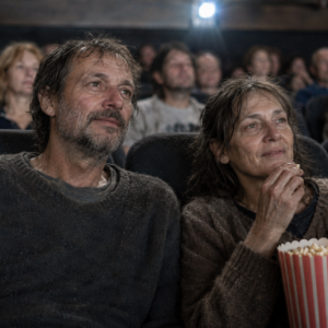 Mann und Frau um die 50 sitzen in einem Kinosaal und schauen einen Film, sie essen dabei Popcorn.